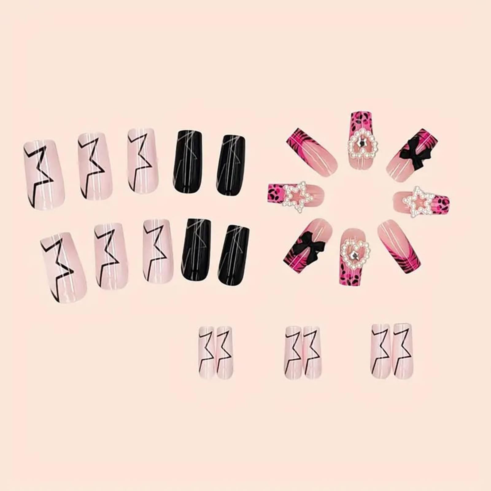 GlamRays 24-Piece Long Ballerina French False Nails, French Star Pattern Nail Stickers with 3D Dots, Heart, Bow Y2K Shiny Art Nails - Image 3