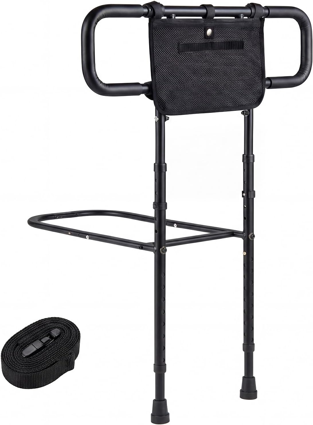 Folding Standing Aid Bed, Adjustable in Width & Height, Bed Rail with Bag, Safety Belt & 2 Handles, Safety Railing for Seniors up to 136 kg Load Capacity (Black)