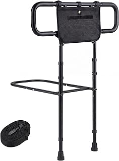COSTWAY Aufstehhilfe Bett klappbar, 180 ° Faltbare Bettgitter mit Verstellbarer Breite & Höhe, Tasche, Sicherheitsgurt & 2 Handgriffen, Bettgriff bis 136 kg, Schutzgeländer für Senioren (Schwarz)