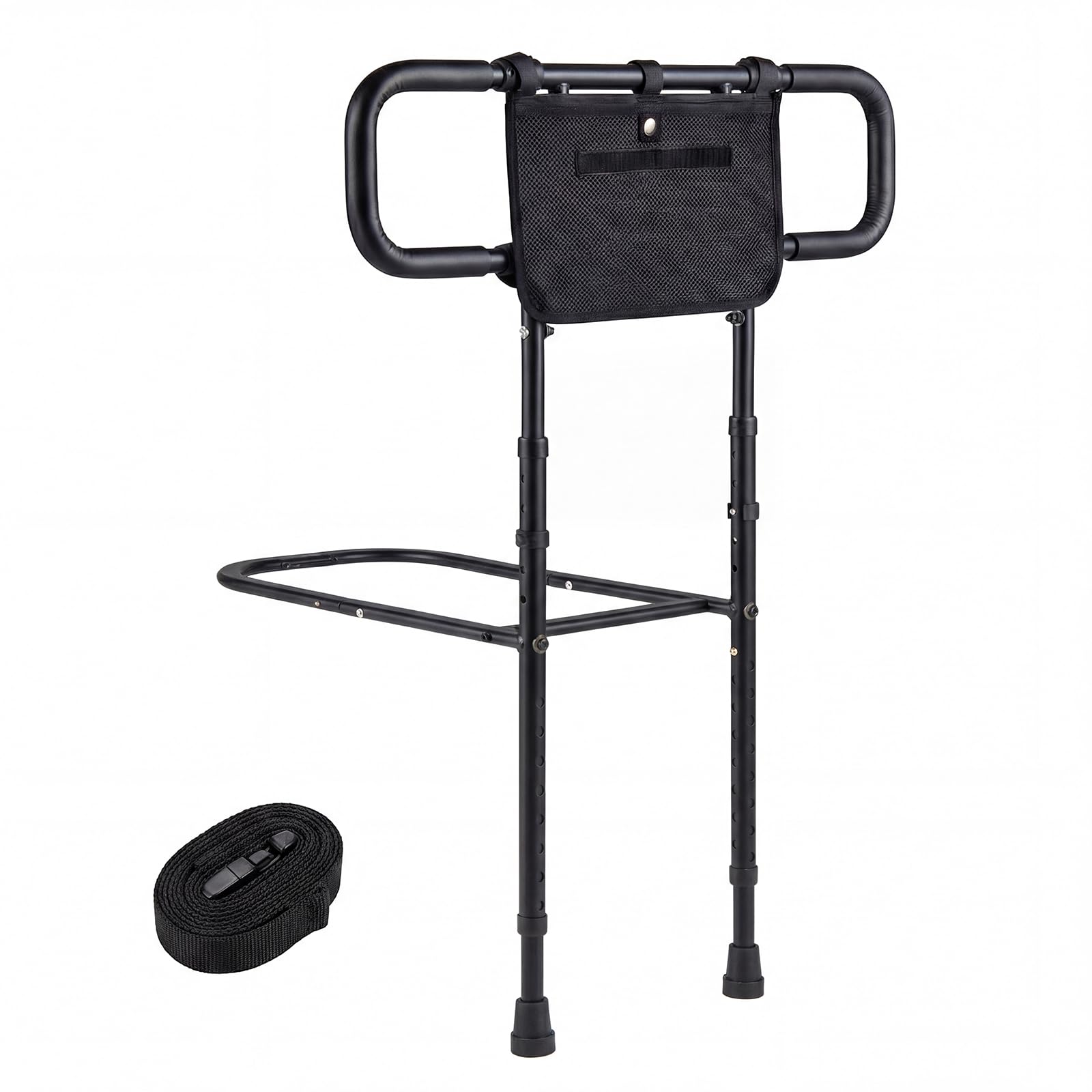COSTWAY Sponda Letto Pieghevole per Anziani, Altezza/Larghezza Regolabile, Tasca Rimovibile, Maniglie Imbottite e Base a U, Sbarra da Letto con Cintura di Fissaggio, Supporto 136 kg (Nero)