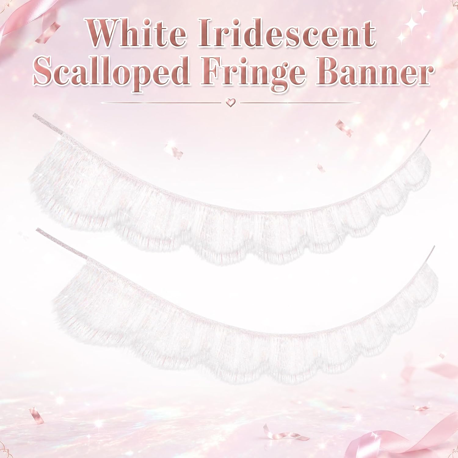 2pcs 6.6ft Flash White Iridescent Fringe Garland Scalloped Tassel Banner 8 Waves Sparkle Streamers Party Backdrop Decoration for Birthday Baby Bridal Shower Graduation Wedding Photo Background