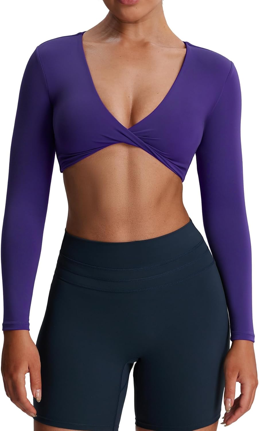 Aoxjox Long Sleeve Crop Tops for Women Metamorph Sienna Twist Deep V Workout Cropped T Shirt Top