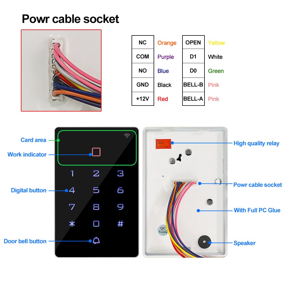 Système de contrôle d'accès Wi-Fi graffiti pour 2000 utilisateurs, clavier RFID tactile entièrement étanche, alimentation DC 12 V/3 A, bouton de sortie, 10 étiquettes de clé 125 kHz (sans verrouillage