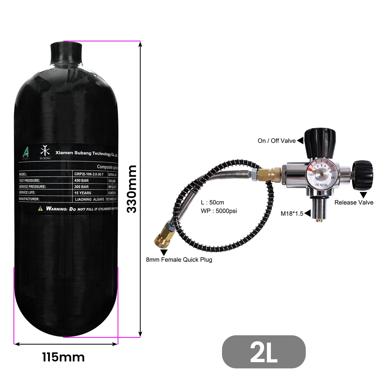 TUXING Depósito de aire HPA de fibra de carbono de 4500 psi, 2 l, 122 Cu con válvula reguladora de relleno PCP, para tanque de buceo Pcp Air Rifle (Empty Bottle), M18 x 1,5