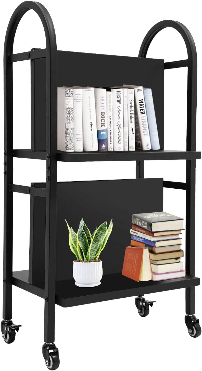 2-Tier Rolling Library Book Cart, 34 Inches Tall, 100LBS Capacity Double Sided for Easy Organization - Versatile Office Book Cart with 4 Lockable Wheels