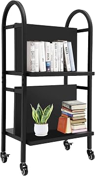 2-Tier Bookshelf Cart, Black Rolling Library Book Cart with Shelves, Office Book Cart, Mobile Storage Solution for Home & Office