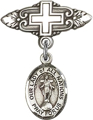 Sterling Silver Baby Badge with Our Lady of All Nations Charm and Badge Pin with Cross 1 X 3/4 inches
