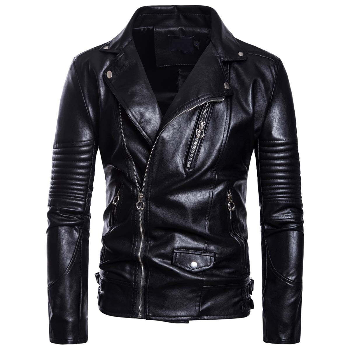 AOWOFS Men's Faux Leather Jacket Motorcycle Lapel Bomber Punk Irregular Zipper Jacket Black Slim