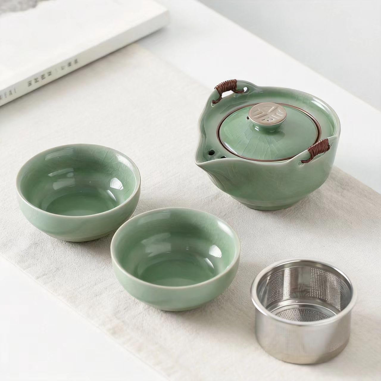 Travel Ceramic Tea Set with Infuser, Portable Kung Fu Teapot 1 Pot + 2 Cups + Filter, Compact Porcelain Tea Set with Carrying Bag for Outdoor Picnic, Office, Camping & Business Travel (Green)