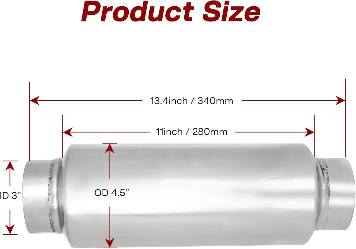 Exhaust Muffler, 3 Inch Inlet Resonator Muffler Straight Stainless Steel, Universal Performance Muffler Pipe 13''/340mm Overall Length, Polished