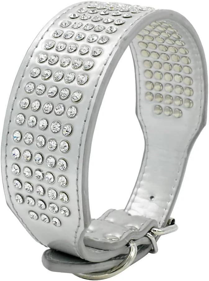 Rhinestones Dog Collars - 2 Inch Wide & 5 Rows Full Sparkly Crystal Diamonds Studded PU Leather - Beautiful Bling Pet Appearance for Medium & Large Dogs,15-18" White Silver