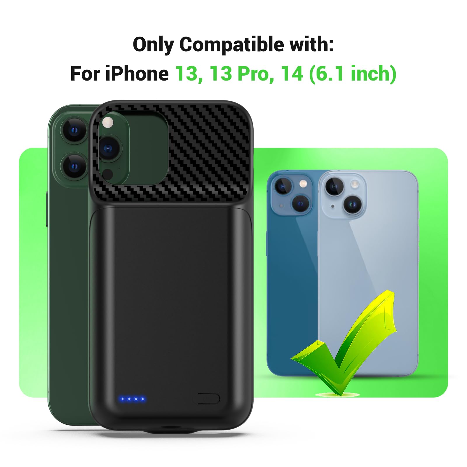 Akkuhülle für iPhone 13, 13 Pro, 14 (6.1 Zoll), 13800mAh Tragbare Ladebatterie Zusatzakku Externe Handyhülle Batterie Wiederaufladbare Schutzhülle mit Panzer Schutz Glas Folie