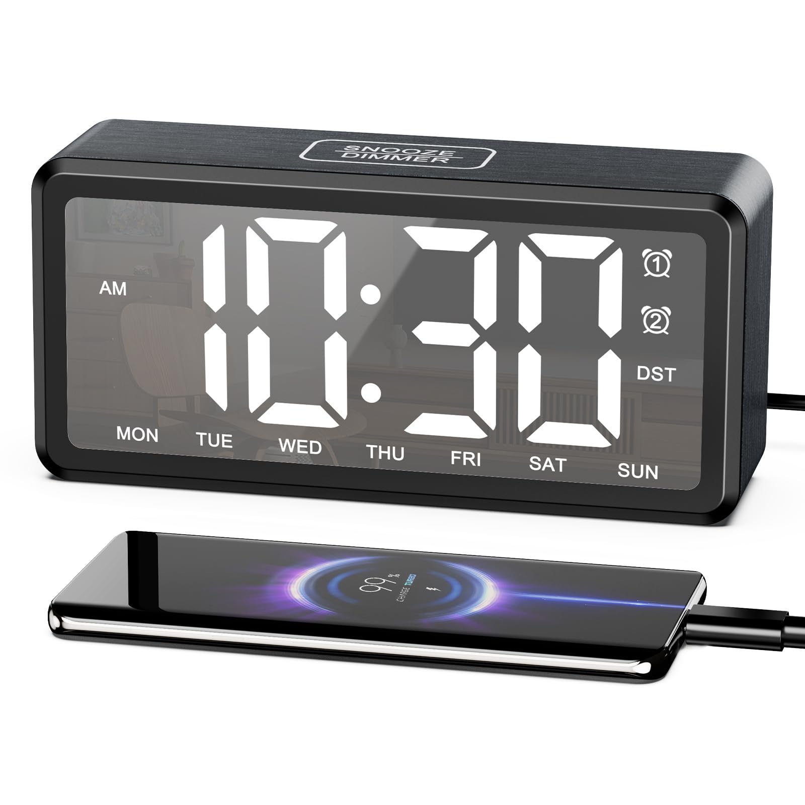 LOFICOPER Alarm Clocks Bedside, Wooden-Style LED Alarm Clock with Large Mirror Display, Dual Alarm, 5 Brightness, 5 Volumes, DST, Snooze, Electric Desk Clock with USB Charging Port for Bedroom Home