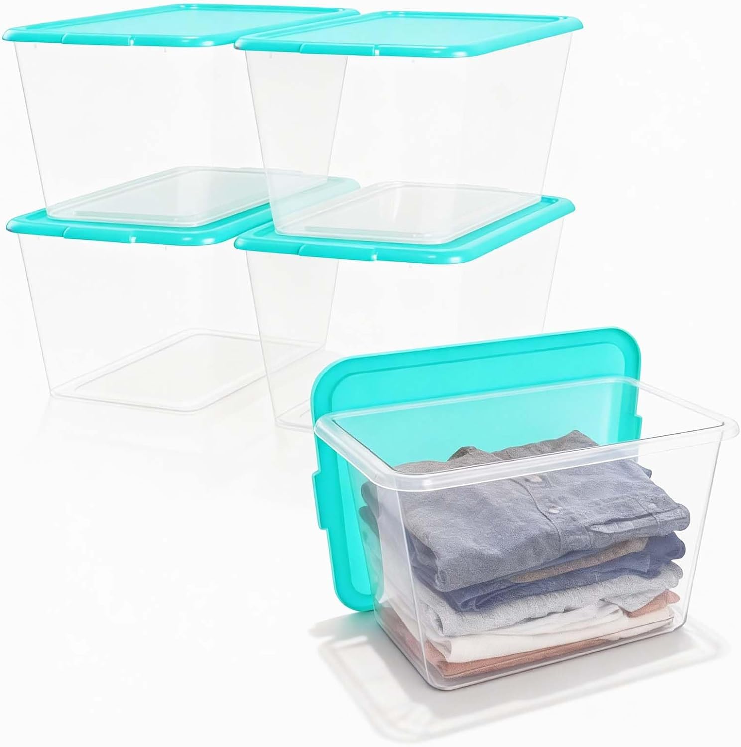 Storage Totes with Lids - Made in USA 14.5-Gallon (58-Quart) 4-Pack Aqua Storage Bins with Lids Plastic Storage Containers Large Storage Boxes for Organizer Aqua/Clear
