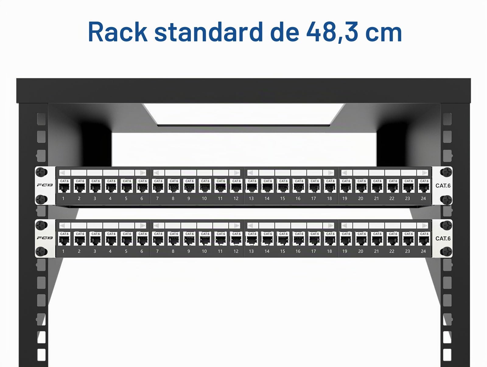 FGB Panneau de brassage 1U 24 ports, coupleur Keystone blindé Cat6 RJ45, panneau de brassage réseau monté en rack ou mural de 48,3 cm avec barre arrière, pour commutateur réseau Gigabit