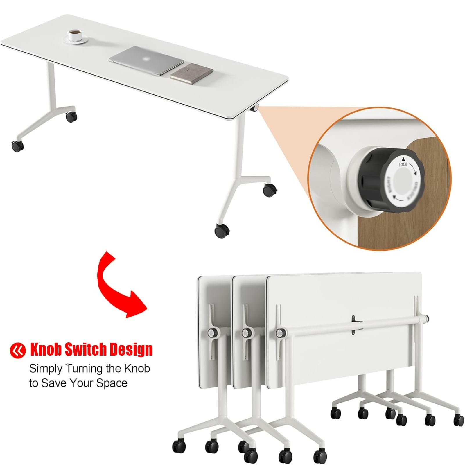 Lot de 6 tables de conférence modulables pliantes avec roulettes - Gain de place - Table d'entraînement à rabat - 119,4 à 180,3 cm - Polyvalente - Pour bureau, salle de classe et séminaire - Noir