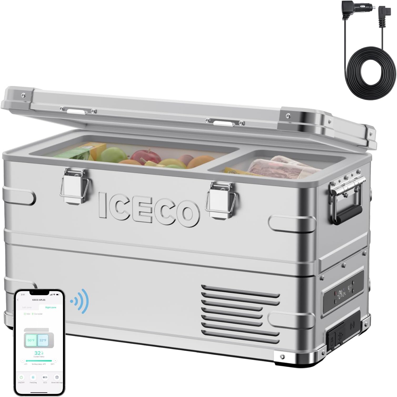 ICECO APL35 Dual Zone 12V Refrigerator, 35 Liters Light Duty Aluminum Portable Fridge, SECOP Nano Compressor, DC 12/24V, AC 110-240V, -4℉~68℉, for Outdoor, RV, Camping, Car & Home Use (APL35+DC Cable