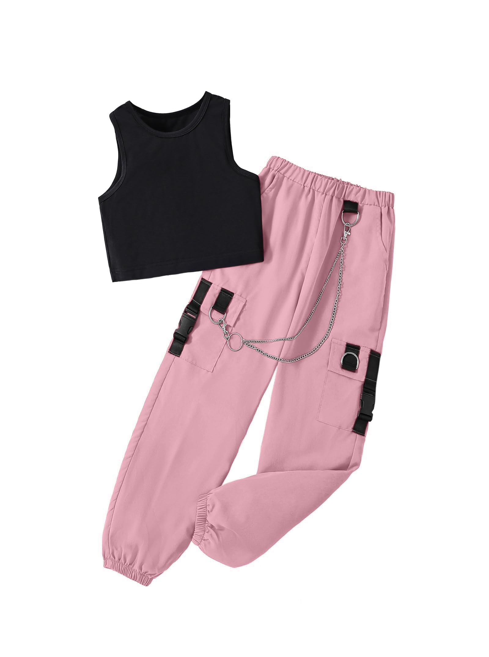 Girls 2 Piece Outfit Sleeveless Crop Tank Top Cargo Pants Set 7-14Y | Hip Hop Dance Outfit, Basic Tank Top and Jogger Pant Sets Streetwear Clothes for Tween Girls
