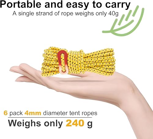 Miniatura 5 de Paquete de 6 cables ultraligeros de 16.4 pies con tensor de ajuste de aluminio, cuerdas Guy Lines para campamento al aire libre, escalada,
