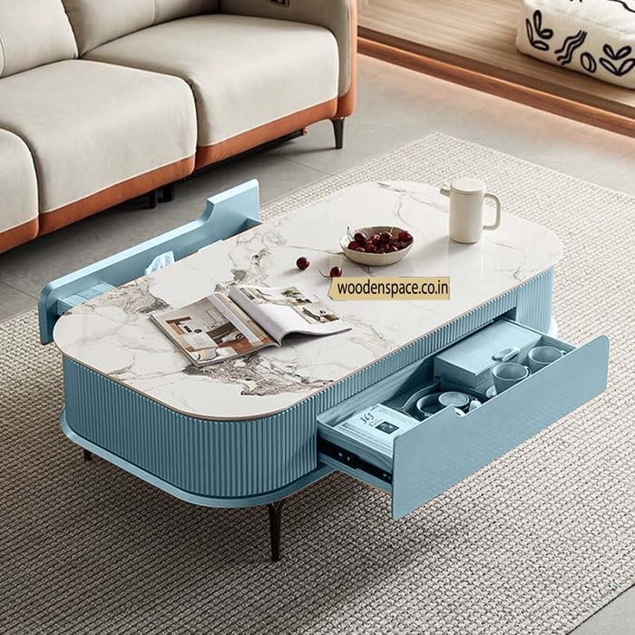 Image of WOODEN SPACE Premium Marble-Top Wooden Center Table for Living Room | Iron Legs | PVD Coating | Modern Entryway Furniture | Coffee Table - 42X24X18 in (Sky Blue)