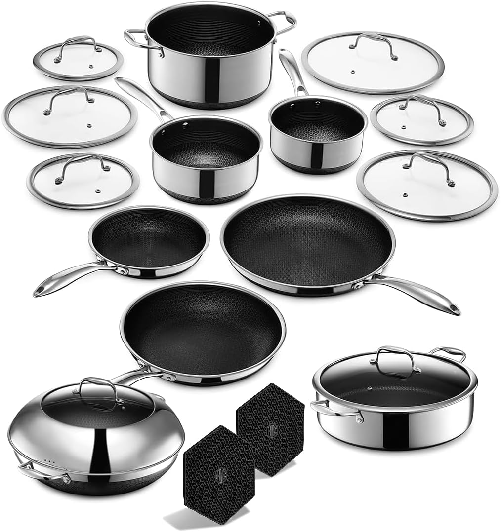 Hybrid Nonstick 18-Piece Cookware Set, 2, 3, and 8Qt Pots with Lids, 2 Silicone Trivets, 8", 10", and 12" Pans with Lids, 7Qt Chicken Fryer with Lid, and 14" Wok with Lid, Stay-Cool Handles