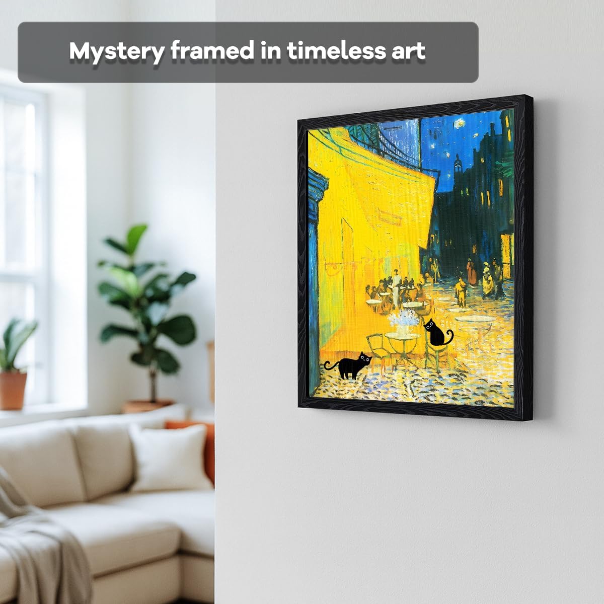 Framed Black Cat Wall Art, Funny Black Cats in Café Terrace at Night Vincent van Gogh Style Canvas Wall Art, Eclectic Posters for Room, Bedroom Living Room Bathroom Wall Decor, 8 x 10 Inches
