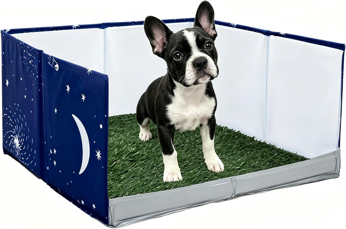 Dog Grass Pad with Tray,Foldable Dog Litter Box with High Walls,Odor Free Artificial Grass Pad for Dog Potty,No Assembly,No Spill, Waterproof, Easy to Clean (Blue star, S-23.6''Lx23.6''Wx12''H)
