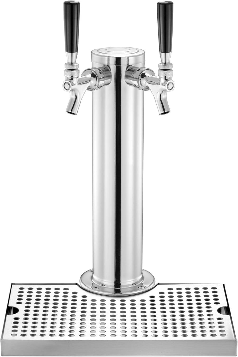 Kegerator Tower Kit, Dual Taps Beer Conversion Kit, Stainless Steel Keg Beer Tower Dispenser with Dual Gauge CGA320 Regulator & D-System Keg Coupler, Beer Drip Tray for Party Home