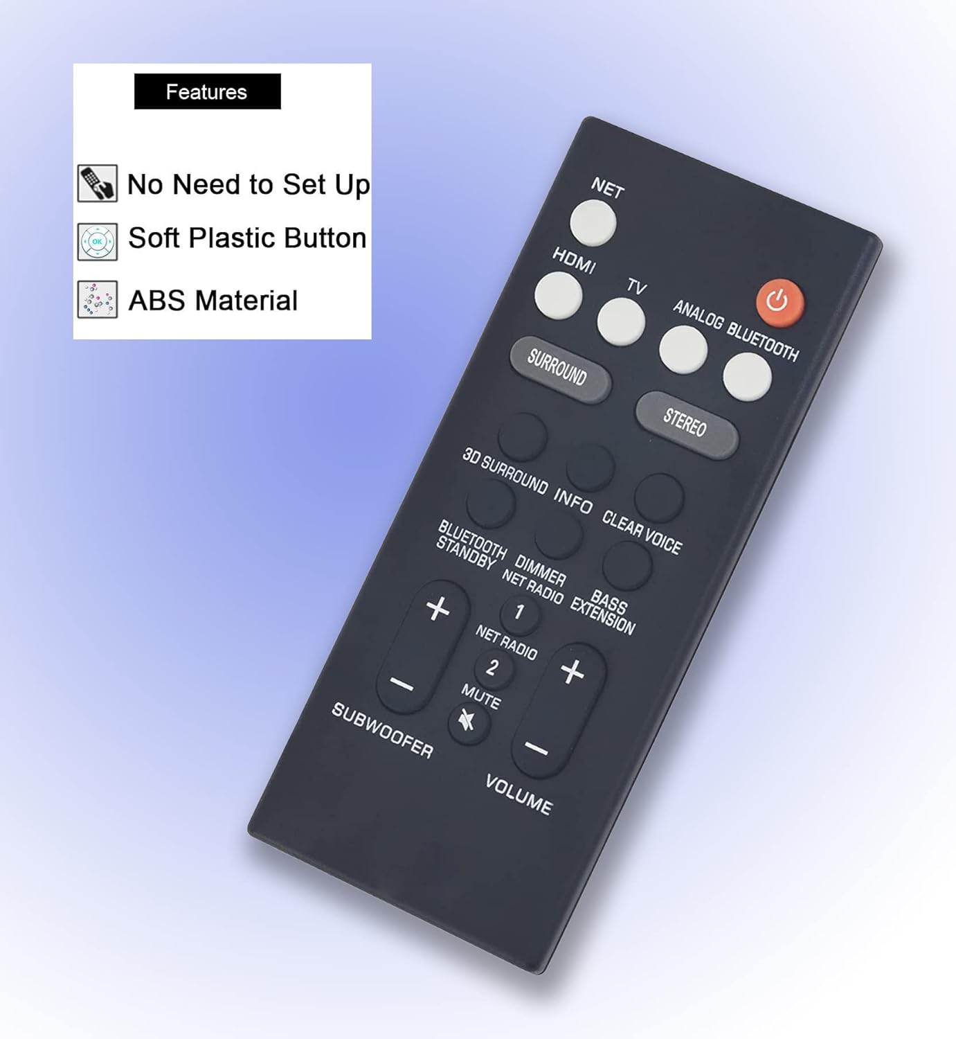 LOMCA remote control highlighting key features: no setup, soft plastic buttons, ABS material.