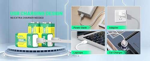 Miniatura 7 de Batería de 9 V para detector de humo, baterías de litio recargables por USB de 9 V, baterías de iones de litio de larga duración de 13500 mWh con
