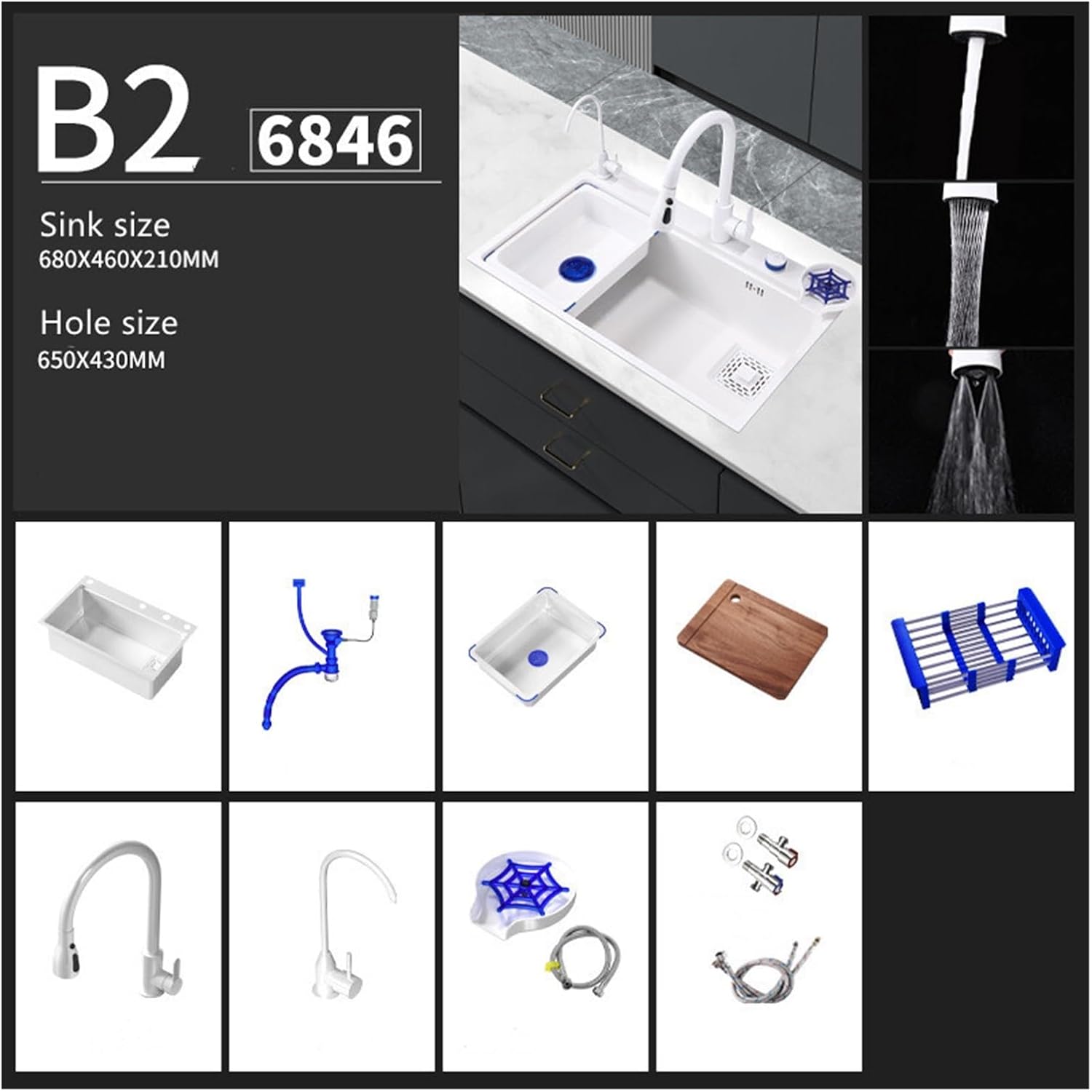 Ivory White Step Kitchen Sink Large Single Sink Milky White Vegetable Wash Basin Soap Dispenser Rinse The Cup Device