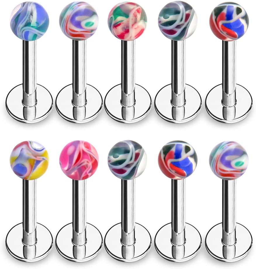 10 Pieces Set of UV Multi Color Marble Ball with 16 Gauge 316L Surgical Steel Labret Body Jewelry