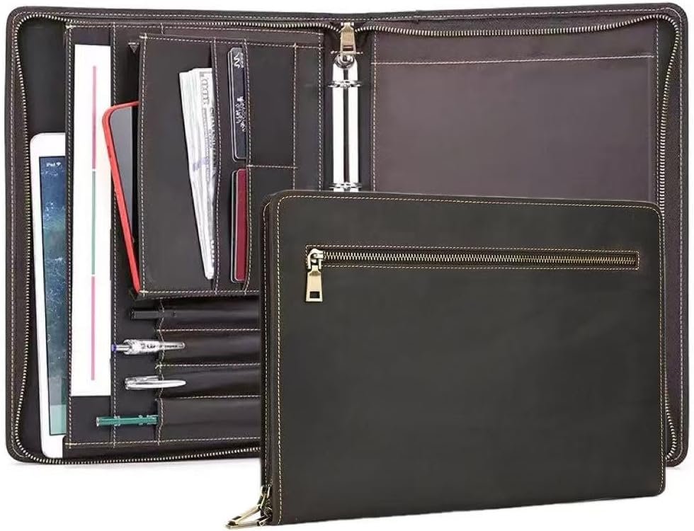Zippered Padfolio Organizer, Leather Planner Binder, 12.9 Inch Portfolio Folder for Documents, Letter Size Business Card Tablet Document Holder for Men&Women
