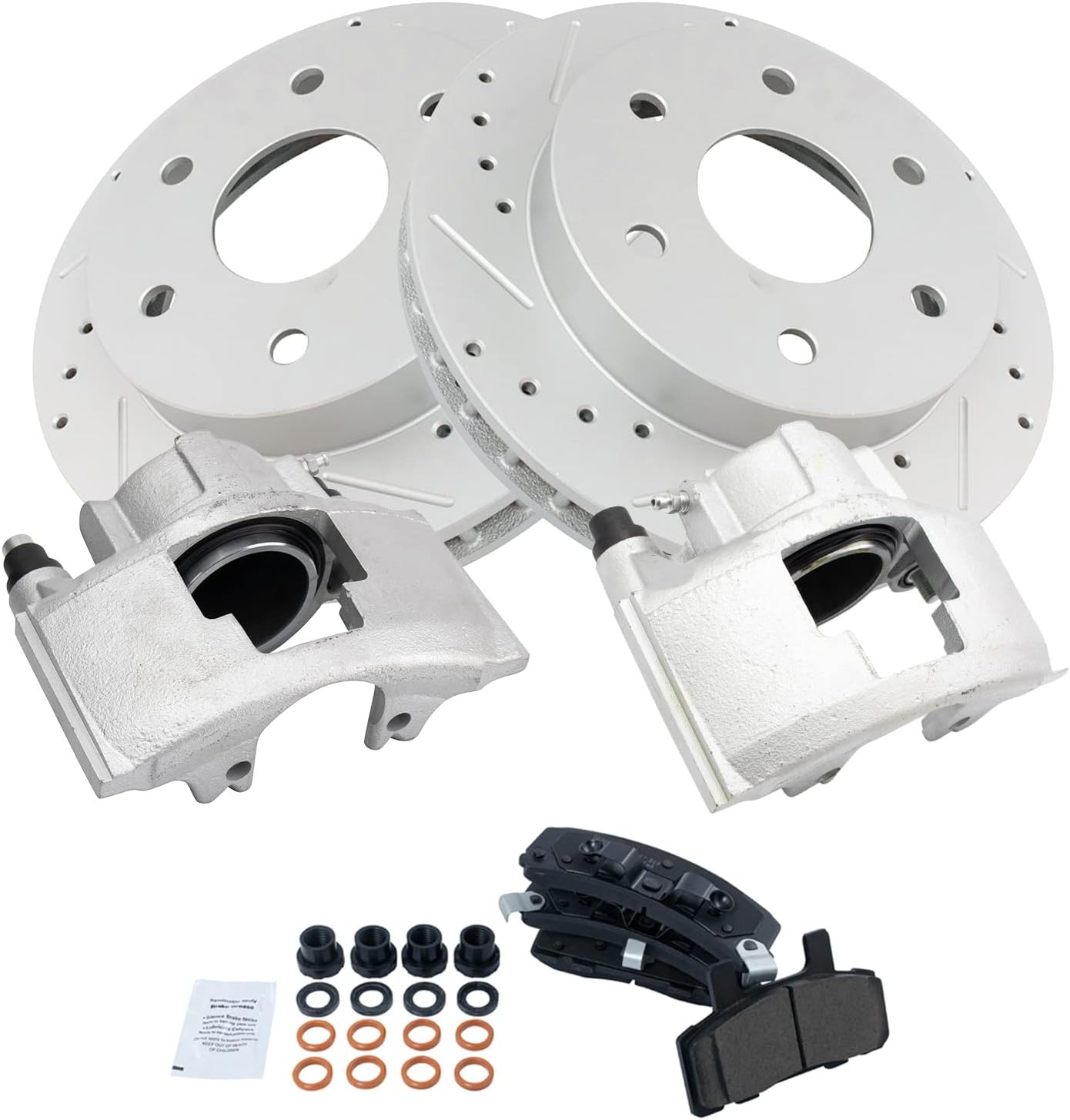 TRQ Front Brake Pad & Rotor Set Ceramic Slotted Drilled Coated Vented Rotors Calipers Compatible with 1988-2000 Chevrolet GMC K1500 K2500 Blazer K1500 Suburban Tahoe Yukon 1999-2000 Cadillac Escalade