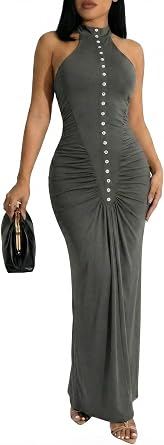 Ekaliy Womens Sexy Halter Maxi Dress Sleeveless Bodycon Ruched Long Dresses Summer Party Cocktail Club Dress