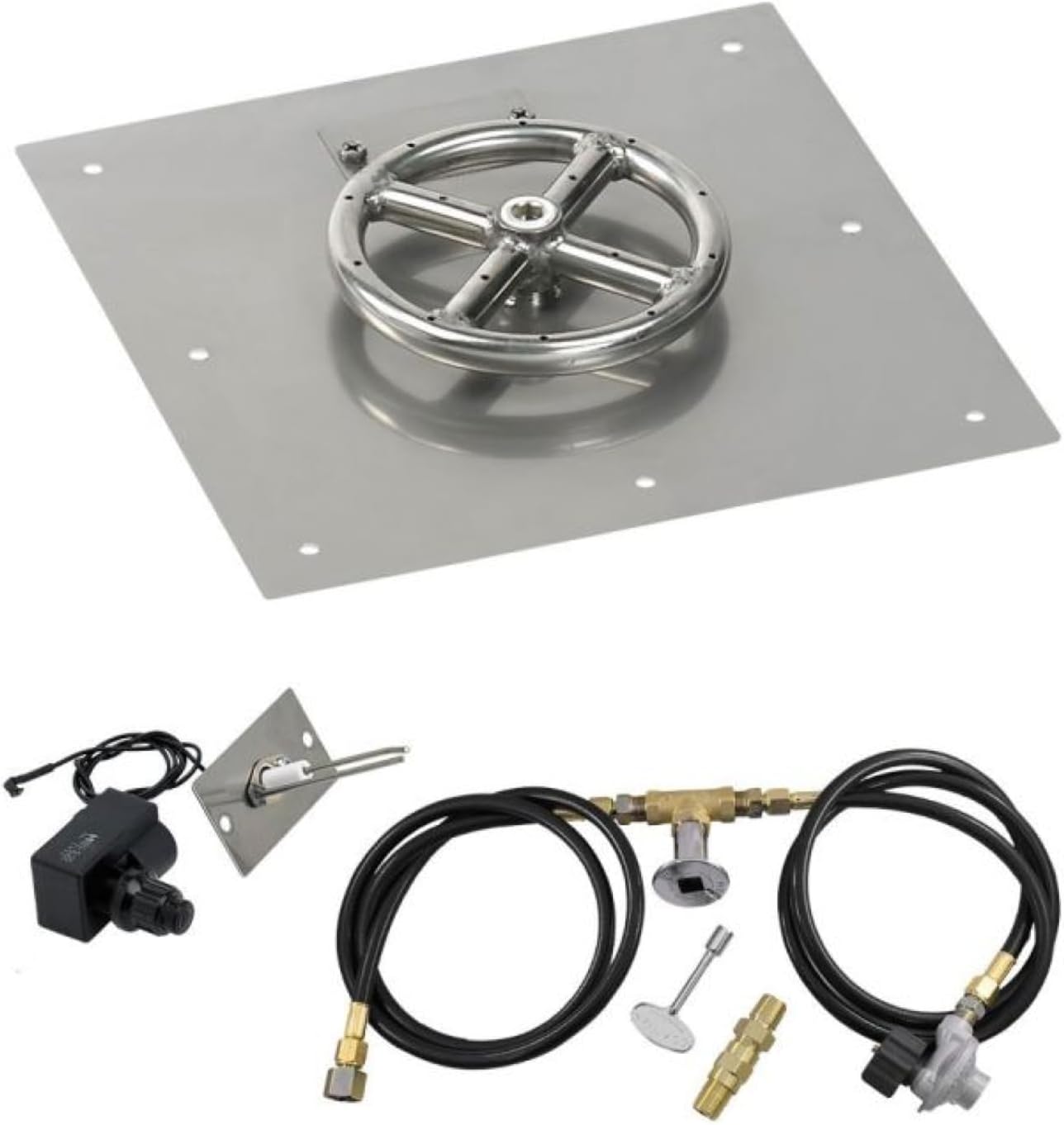 American Fireglass 12" Square Flat Fire Pit Pan with Spark Ignition Kit | Durable Stainless Steel, Use in Outdoor Fireplace or Fire Pit | For Propane Fires, 6” Ring