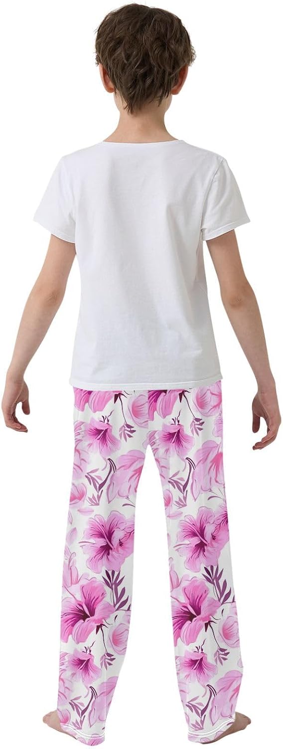 Pink Hibiscus Flowers Tropical Pajama Lounge Pants Long Pajama Bottoms with Elastic Waist Pockets for Christmas
