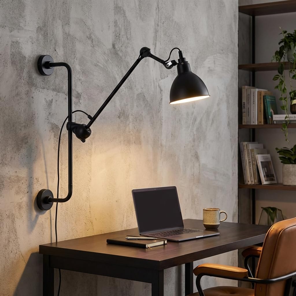 BARCELONA LED Wandleuchte mit Gelenkarm E27 Schwarz und Chrom, industrielle Vintage Metall-Wandlampe mit Kabel, Stecker und Schalter, Leseleuchte für Schlafzimmer, Büro und Wohnzimmer