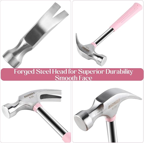 8oz Hammer, 2-Piece Small Claw Hammer & Rubber Mallet Hammer Mini Hammer Set(Pink)