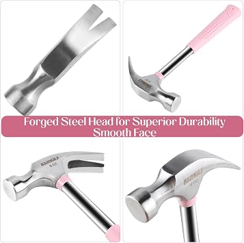8oz Hammer, 2-Piece Small Claw Hammer & Rubber Mallet Hammer Mini Hammer Set(Pink)