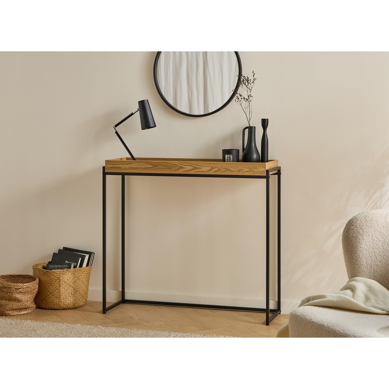 Calicosy – Console d'ingresso Jessie con vassoio a bordo e gambe in metallo nero – elegante design industriale – lunghezza 100 cm – mobile portaoggetti e decorazione