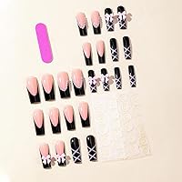 Vista 3 de Uñas postizas a presión de ballet negras, uñas postizas largas cuadradas con punta francesa, uñas postizas con lazo rosa con diseños de perlas