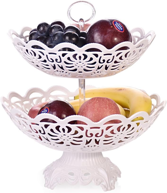 2 Tier Fruit Bowl for More Space on Worktop - Decorative Eye Catcher on the Kitchen Counter - White Plastic