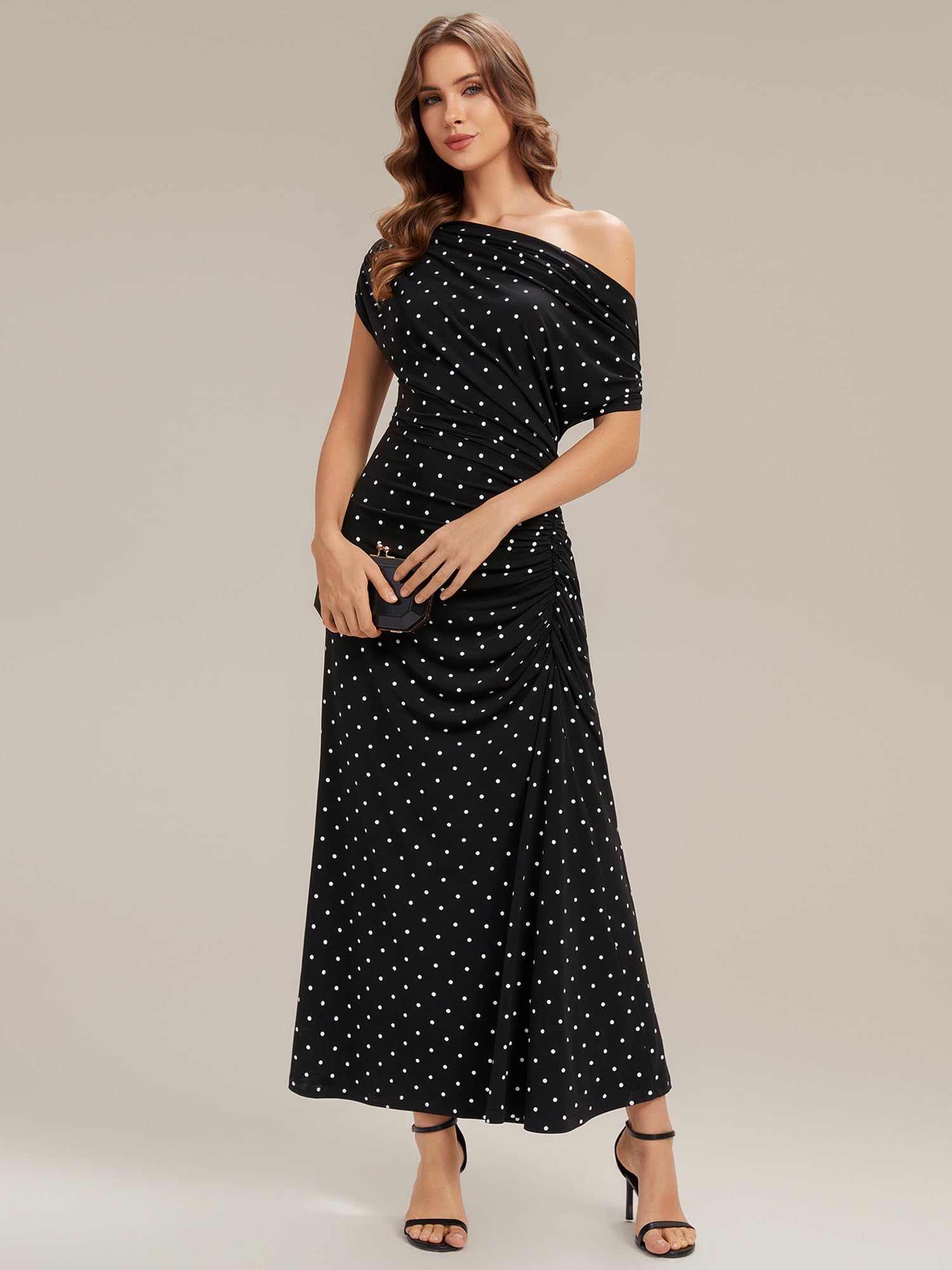 Ever-Pretty Vestito Donna Elegante Collo Asimmetrico Maniche Corte Maglieria Maxi Linea Dritta EG02733