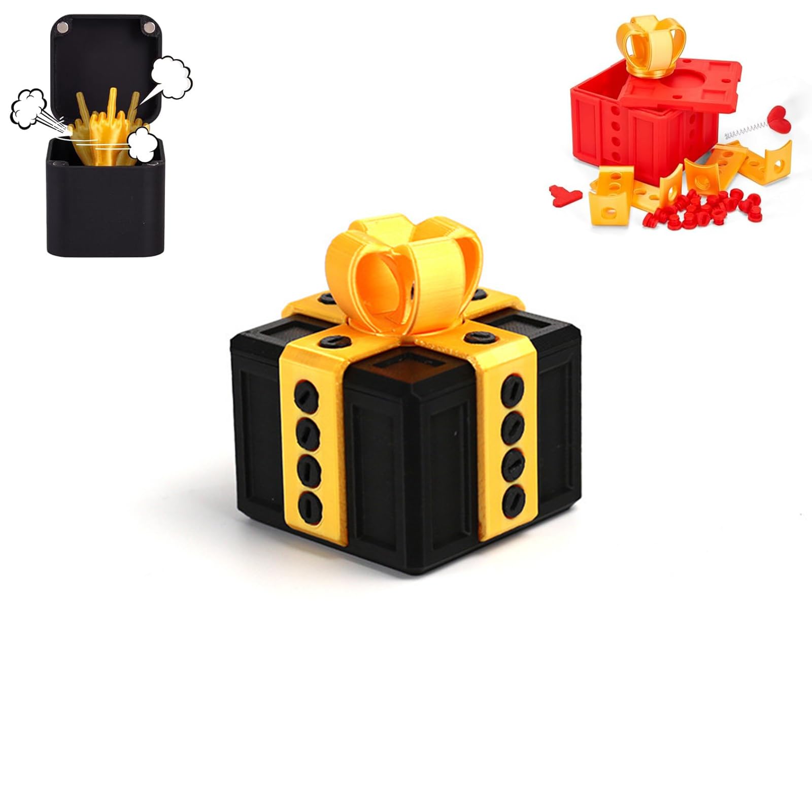 Gotcha Box Prank with Surprise Finger, 3.14-Inch 3D Printed Prank Gift Box with Screws & Pop Up Fingers, Funny Valentine's Day Gifts for Her/Him yellow black