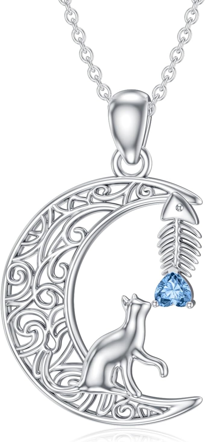 Sterling Silver March Birthstone Cat Necklace for Women Cat Jewelry For Birthday Christmas Mother's Day Gift