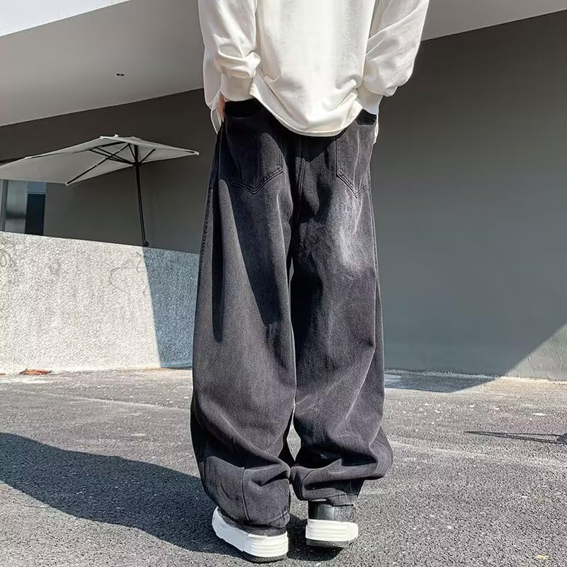 Men's Casual Denim Pants Baggy Y2k Drawstring Elastic Waist Wide Leg Jeans Hip Hop Streetwear for Men3