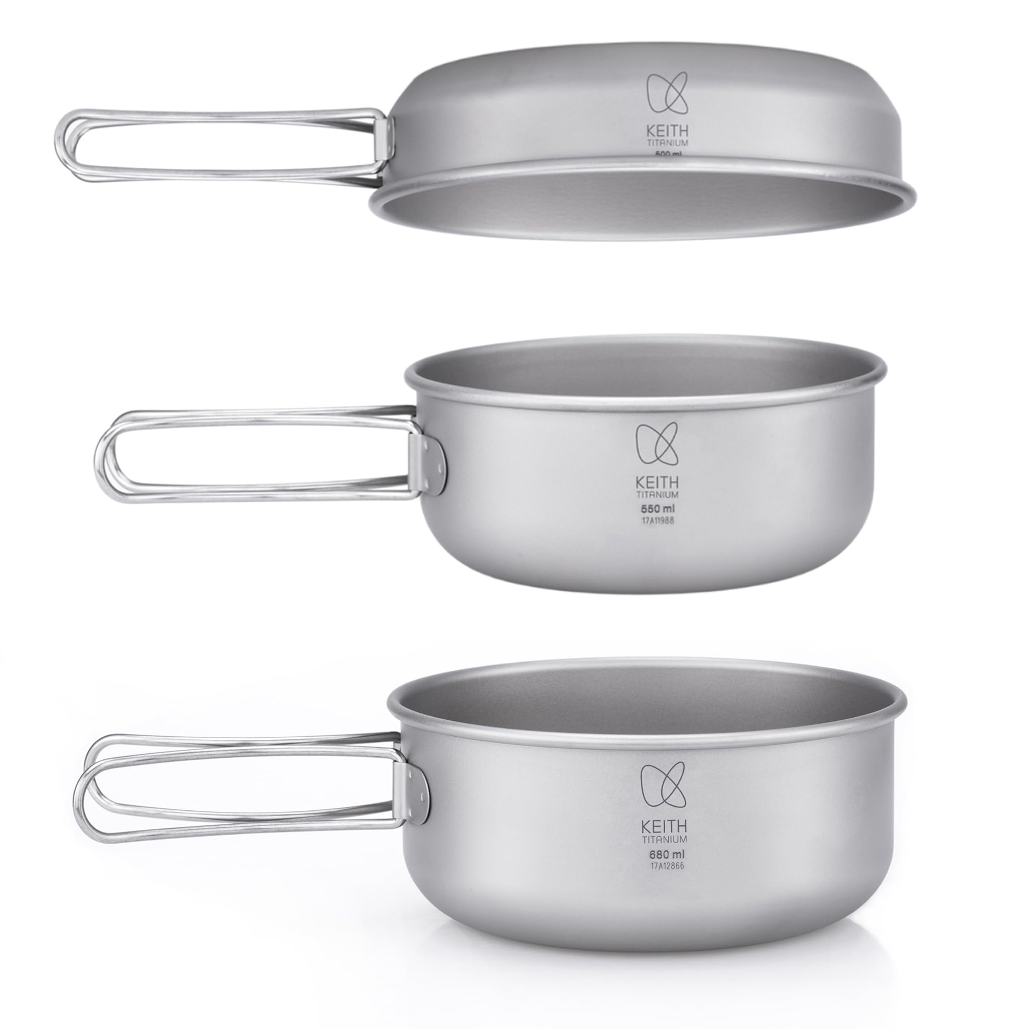 KEITH 純チタン クッカー セット 超軽量・頑丈 3点食器セット (680ml/550ml/500ml) キャンプ用鍋 直火対応 アウトドア飯盒 食洗機対応 収納袋付き（Ti6053） [並行輸入品]