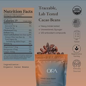 ORA Whole Cacao Beans, 10oz - Organic, Ethical, Regenerative, Heavy Metals Tested, Unsweetened