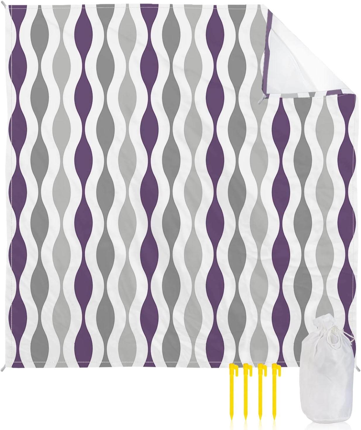 Geometric Lavender Flower Print Beach Blanket Waterproof Sandproof Outdoor Picnic Mat 95"x80" Curve Lightweight Large Beaach Blankets with 4 Stake & 4 Corner Pockets